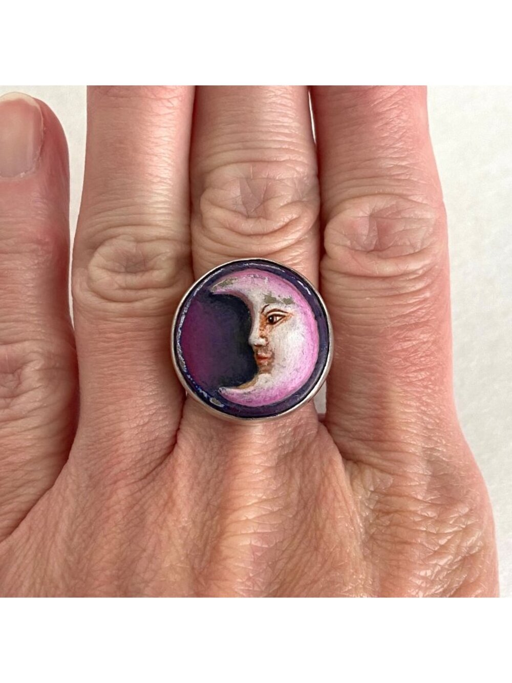 VTG Sergio Bustamonte Mexico Sterling Silver 925 Enamel Moon Face Ring Sz 7
